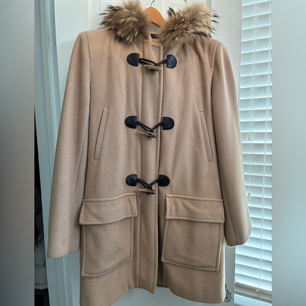 Dana Buchman Camel Toggle Pea Coat with Genuine Fur Trim Collar
